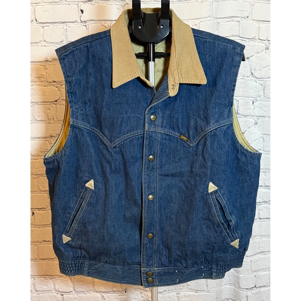 Vintage 1980s Lee USA Insulated Denim Western Ranch Vest Corduroy Collar XL
